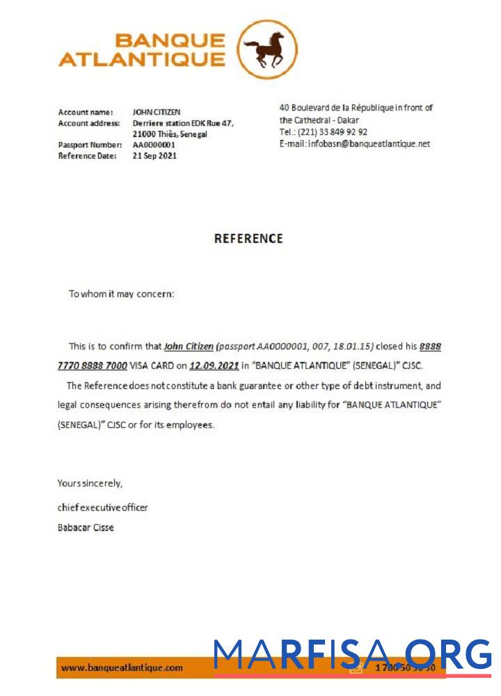 Realistic Senegal Banque Atlantique closure reference download for verification